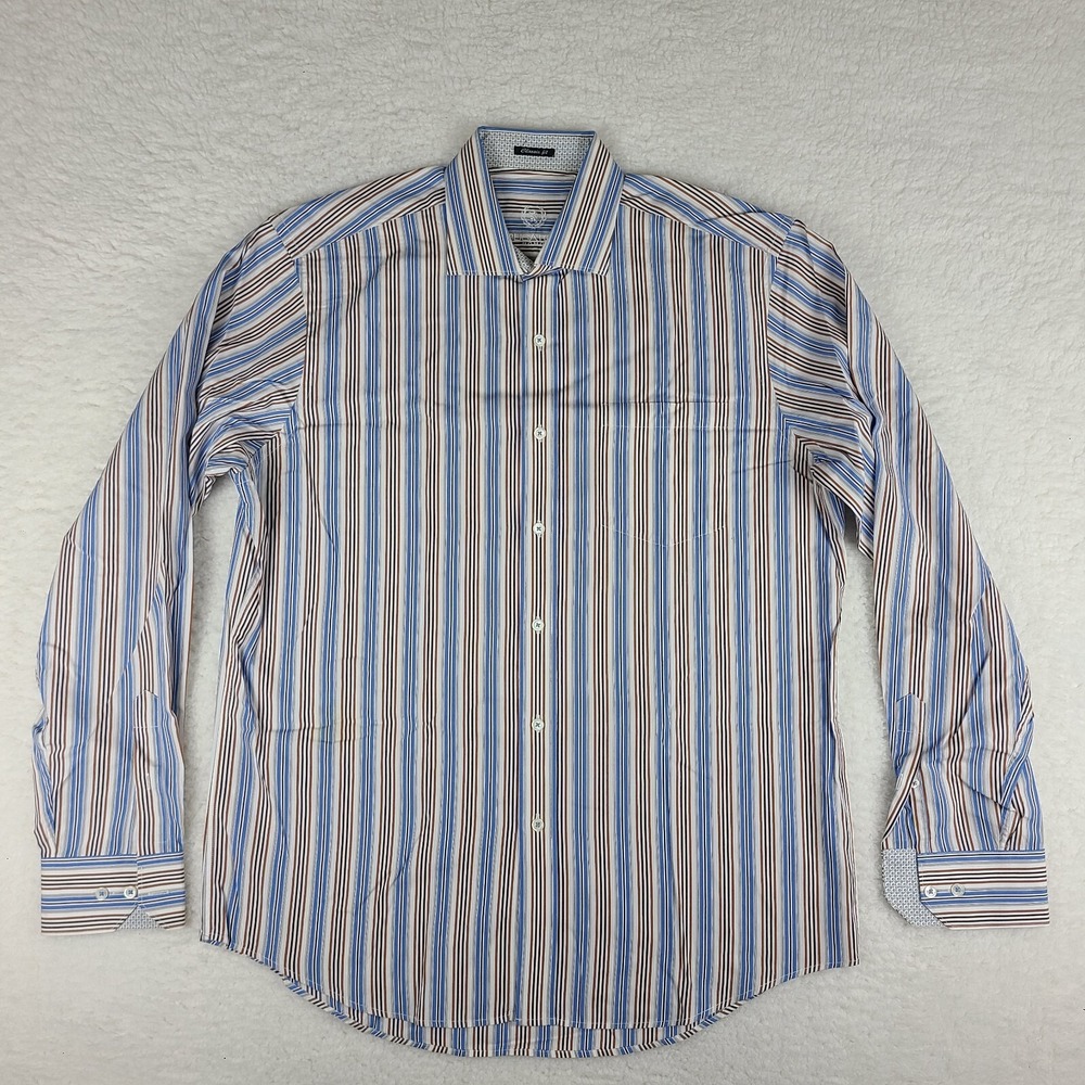 Bugatchi Uomo Shirt Mens Large Classic Fit Blue Brown Striped Dress Button Up
